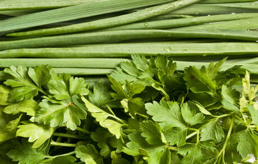 background of green onions, green garlic and parsley