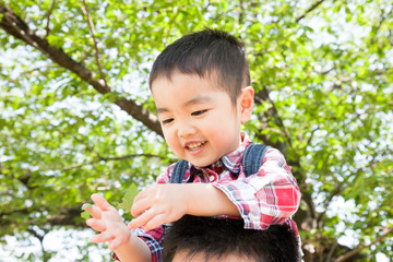 肩車され葉っぱを持つ幼児