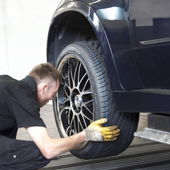 Motor mechanic is changing a tyre