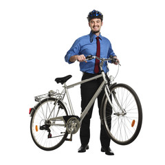  portrait of a 40 year old caucasian man in formal clothes with helmet and bicycle. concept of sustainable transport and sport.