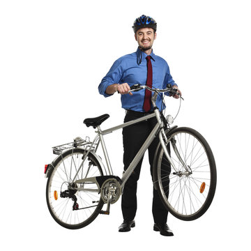  portrait of a 40 year old caucasian man in formal clothes with helmet and bicycle. concept of sustainable transport and sport.