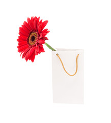 White gift package with a red flower on a white background