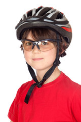 Funny child with glasses and a bicycle helmet