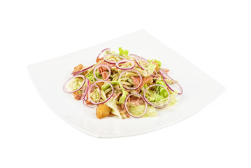 Onion salad of meat with roast vegetables