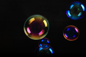 Soap bubbles on black background .