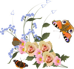 butterflies and three light rose bouquet