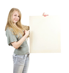 girl holds blank canvas