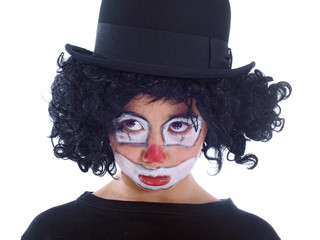 boy clown looking sad isolated on white background