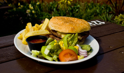 Burger, Chips and side salad