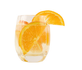 glass of sparkling water with orange slices