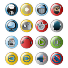 Web Icons, Round Colorful Pins 03 - Multimedia Set