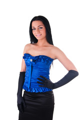 Young woman wearing corset and gloves