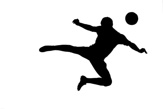 A silhouette of a soccer player with a ball isolated on white