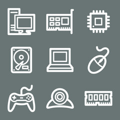White contour computer web icons on grey