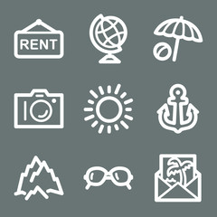 White contour travel web icons on grey set 5