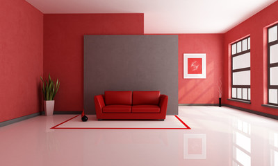 red and brown minimalist living room - rendering -