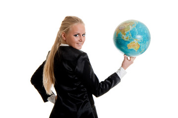 businesswoman holding globe in hand