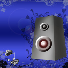 Speakers and headphones on blue background