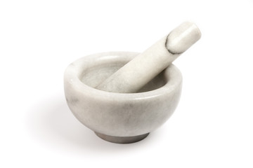 Marble mortar and pestle isolated on white background