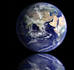 3d earth globe reflect on black plane background