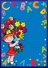 Obraz na płótnie Canvas School childhood. Small girl with flowers in the school.