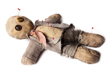 Photo of Businessman voodoo doll laying on white - obrazy, fototapety, plakaty