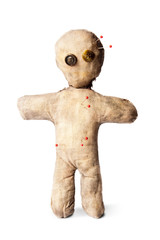 creepy voodoo doll with needles isolated on white