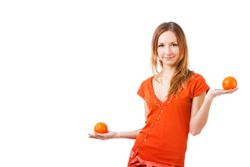 Young pretty girl in dress with oranges