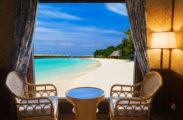 Hotel room and tropical landscape