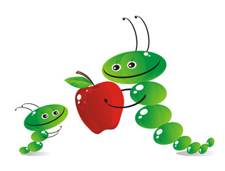 The caterpillar-mum treats with an apple the child-caterpillar