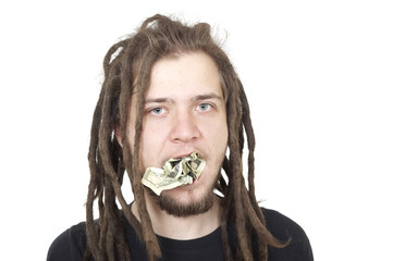 a young man with money in your mouth on white background © Natalia Merzlyakova