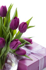 Pink tulips and gift box