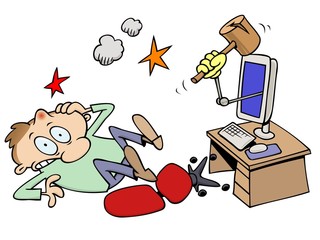 Cartoon character knocked out by his computer