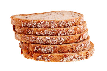 Five slices of wheat bread stacked over white background.