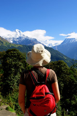 Naklejka premium Trekkers in the Himalayan mountains, Annapurna conservation regi