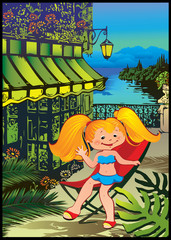 In holiday at the sea. A happy girl. Vector art-illustration.