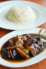 close up bbq honey chicken with rice