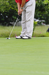 Fototapeta na wymiar A golfer putting at a golf course