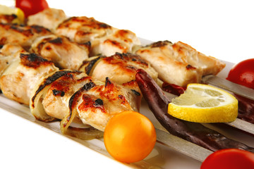 roasted pork kebab on white
