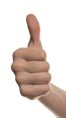 Thumbs up man's hand isolated on white background