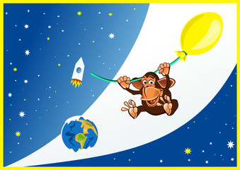 Affe in einem Heißluftballon im Weltraum