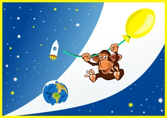 Selbstklebende Fototapete Kosmos Affe in einem Heißluftballon im Weltraum