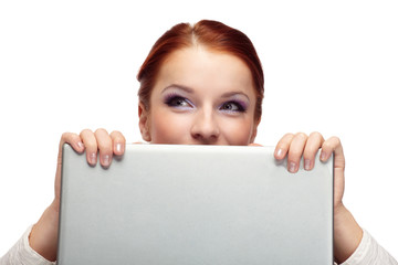 Fototapeta premium Portrait of happy business woman with a laptop.