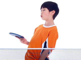 young boy playing table tennis isolated on white background
