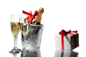 Champagne flutes and ice bucket
