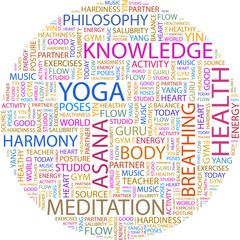 Word cloud concept illustration of yoga association terms.
