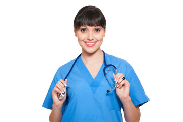smiley nurse in blue uniform