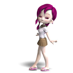 cute little cartoon school girl with light skin. 3D rendering wi