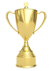 Golden trophy cup on white