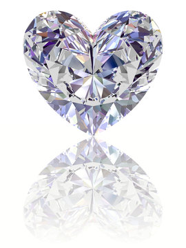 Diamond in shape of heart on glossy white background